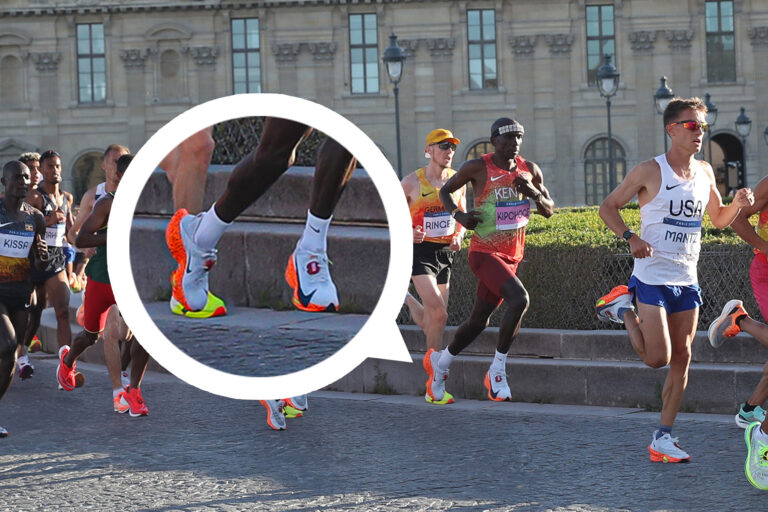 Eliud Kipchoge alla maratona olimpica di Parigi con le Nike Alphafly 2 Electric Pack (foto Giancarlo Colombo)