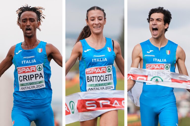 Yeman Crippa, Nadia Battoceltti e Pietro Arese al traguardo dei Campionati Europei di Cross di Antalya 2024 (foto Grana/Fidal)